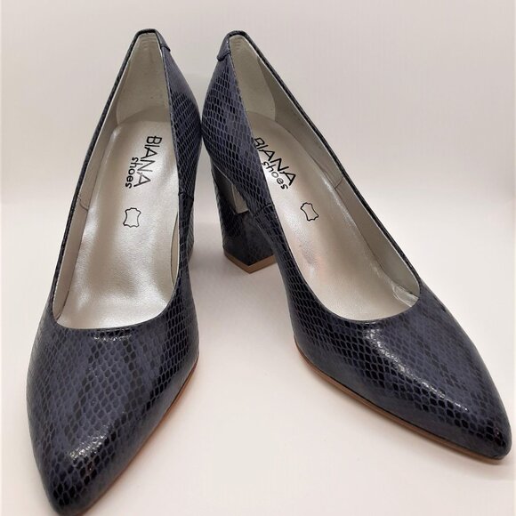 Blue Leather Snake Print Platform Closed Toe Heels - Picture 3 of 5